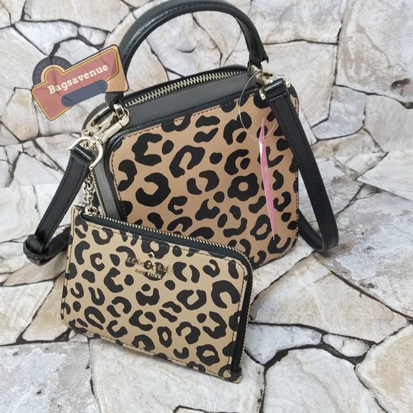 Kate Spade Daisy Vanity Crossbody Graphic Leopard Card Key Chain Holder Black - Picture 2 of 7